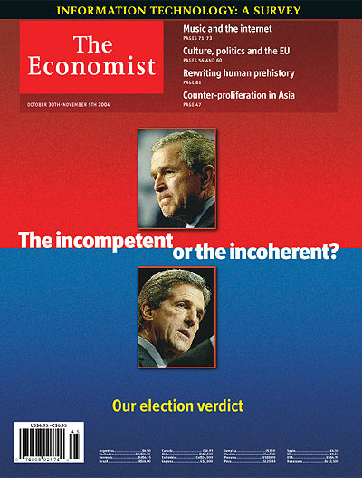 Photo: Cover of 'The Economist', featuring photos of Bush and Kerry. Heading is: 'The Incompetent or the Incoherent?'