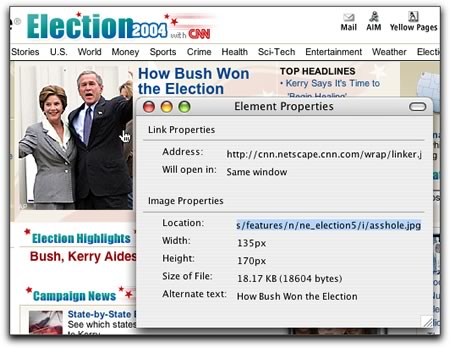 Screen capture: Web page showing that title of image with George Bush has a filename of 'asshole.jpg'.