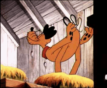 Anitmation: Disney cartoon showing Pluto flexing his butt prior to sitting on an egg in a henhouse.