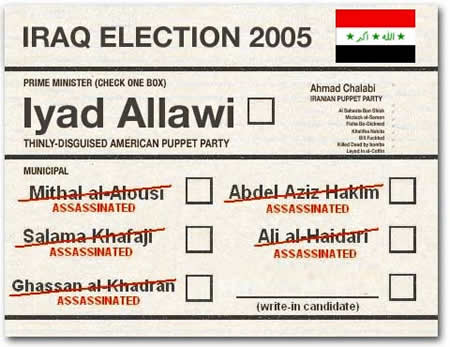 Photo: National Lampoon parody Iraq vote ballot featuring Iyad Allawi of the 'Thinly Disguised American Puppet Party', Ahmad Chalabi of

  the 'Iranian Puppet Party' and several assasinated municipal candidates.
