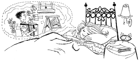 Illustration: Young woman in bed dreaming of an accordion player.