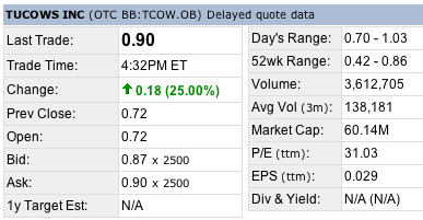 Chart: Detailed info of Tucows stock price for January 4, 2005.