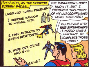 Comic: A panel from 'Superman 162' in which Superman and Supergirl review a list of his undone super-tasks.