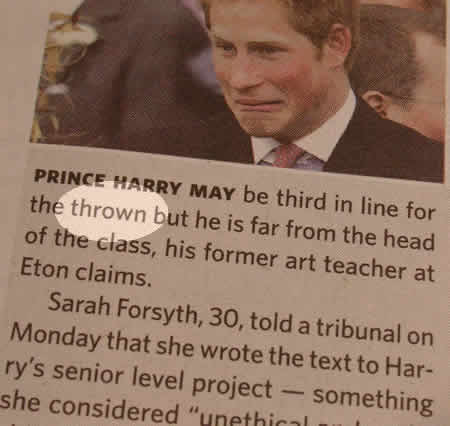Photo: Excerpt from 'Dose' magazine showing that author does not know the difference between 'throne' and 'thrown'.