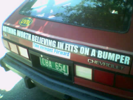 Photo: Bumper sticker on car that reads 'Nothing worth believing

  in firs on a bumper.