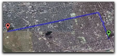 Screen capture: Portion of a Google satellite photo showing the route from Queen and Spadina to Bloor and High Park, Toronto, Ontario