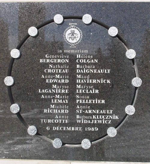 Photo: December 6th memorial plaque at Ecole Polytechnique, Montreal.