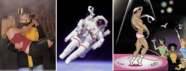 3 photos: fireman (carrying a beautiful woman to safety), astronaut doing spacewalk, male stripper in front of screaming women