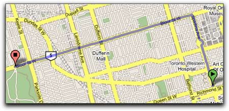 Screen capture: Portion of a Google Map showing the route from Queen and Spadina to Bloor and High Park, Toronto, Ontario.