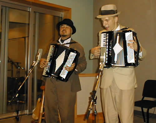 Joey deVilla and Karl Mohr play accordions during John Southworth's live session at CBC Radio, June 1999.