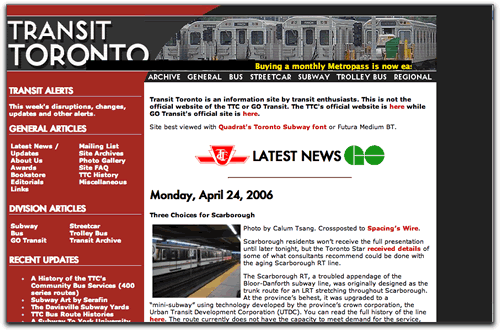 Transit Toronto site, circa April 2006.