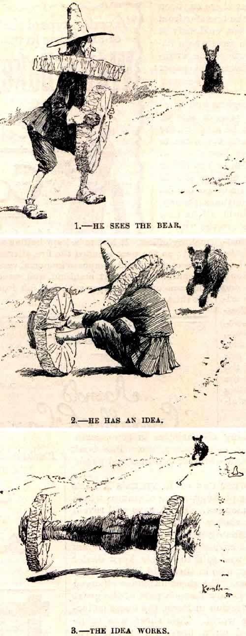 Very old comic: '1. He sees the bear. 2. He has an idea. 3. The idea works.'