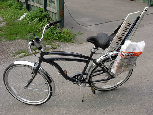 A photo of my bicycle, a 2003 Trek Calypso cruiser, with metal fenders and rear basket.