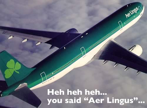 Photo of Aer Lingus jet with caption 'Heh heh heh...you said 'Aer Lingus'.