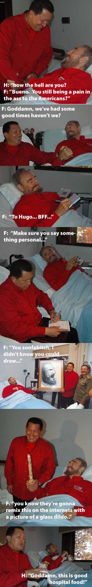Photo session of Hugo Chavez visiting Fidel Castro in the hospital.