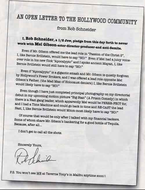 Rob Schneider's open letter to Mel Gibson.