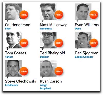 Portion of Chris Messina's graphic showing the white-male heaviness of the speaker list of the 'Future of Web Apps' conference.