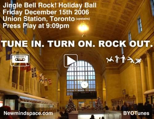 Ad for newmindspace's 'Jingle Bell Rock' event, Friday, December 15th at 9:09 p.m., upper floor of Union Station, Toronto.