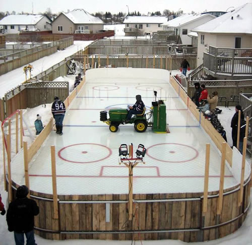 Backyard hockey rink.