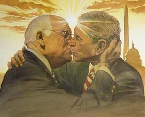 Cheney and Bush in a passionate kiss
