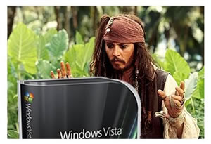 Captain Jack Sparrow approaches a Windows Vista box.