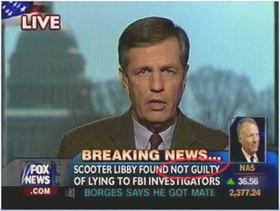 FOX News screencap: 'Scooter Libby found not guilty of lying to FBI investigators'. 