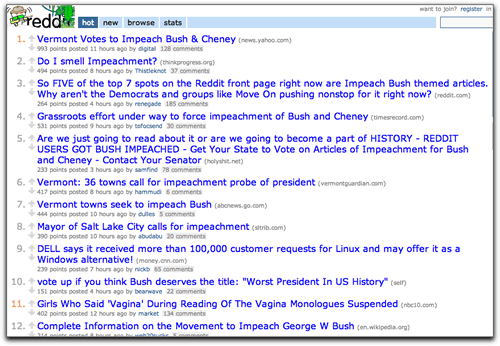 Screen capture of Reddit on Wednesday, March 7, 2007 at 8:21 p.m. EST.