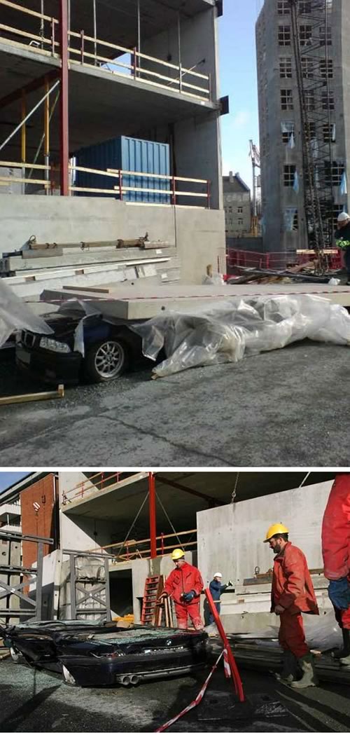 Photos of a BMW flattened by a falling slab on concrete at a construction site.