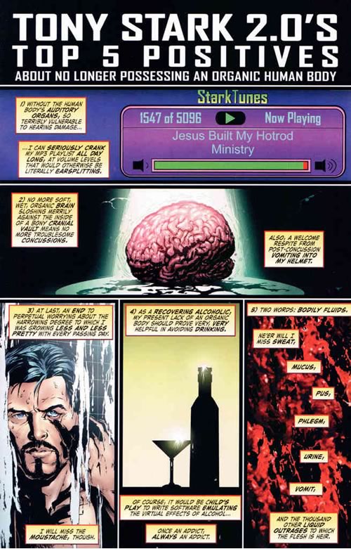 Scan from 'Iron Man: Hypervelocity' -- 'Tony Stark 2.0's Top 5 Positives About No Longer Possessing an Organic Human Body'.