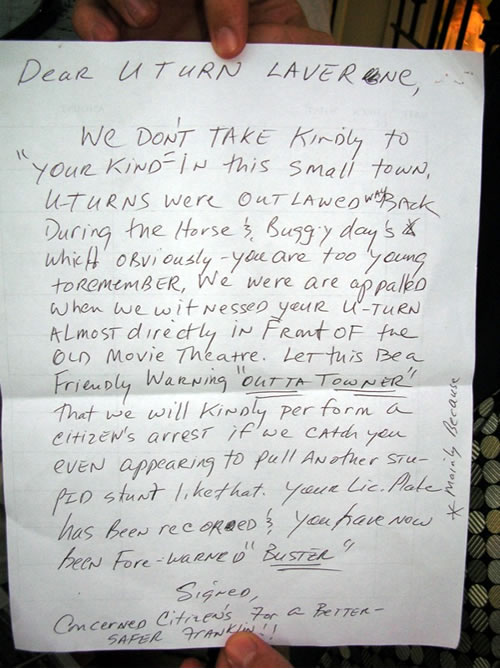 Letter from a concerned citizen in Franklin, TN to 'U-Turn Laverne'.