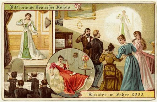 German postcard depicting theatre in the year 2000.