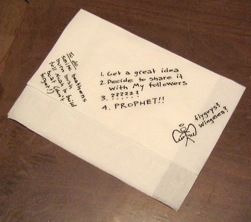 God's business plan, written on a napkin.