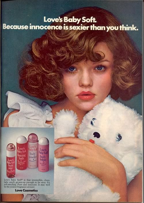 Creepy child-porn-ish ad for 'Love's Baby Soft' deodorant from Tiger Beat magazine, c. 1976.