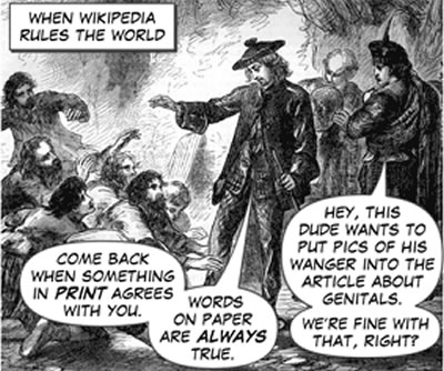 Panel from the Wondermark! comic: 'When Wikipedia rules the world'.