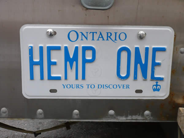 “HEMP ONE” licence plate on the back of the “Hemp on Wheels” truck
