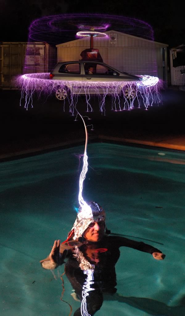 Tesla coil on a car raining an arc of lightning, with one bolt shooting towards a pool.