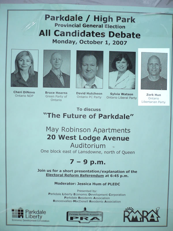 All candidates meeting poster for Parkdale-High park featuring the candidates Cheri DiNovo, Bruce Hearns, David Hutcheon, Sylvia Watson and…Zork Hun