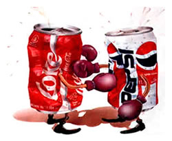 A Coke can and a Pepsi can, boxing