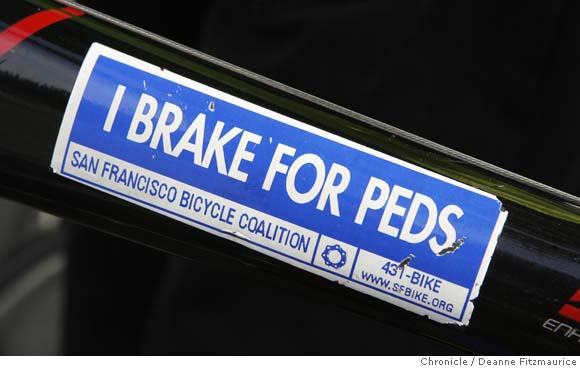 “I brake for peds” sticker on a bike at San Francisco’s critical manners