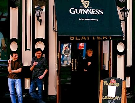 Irish bar patrons smoking outside.