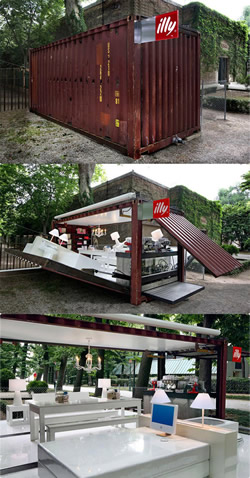 Shipping container that converts into an Illy Cafe.