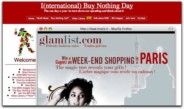 “Buy Nothing Day” site, showing a pop-up ad for a chance to win a shopping spree in Paris