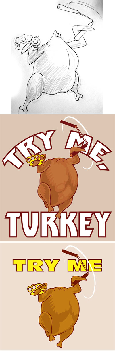 Woot.com t-shirt design: Turkey with brass knuckles, knife and nunchucks with the caption “Try me!”