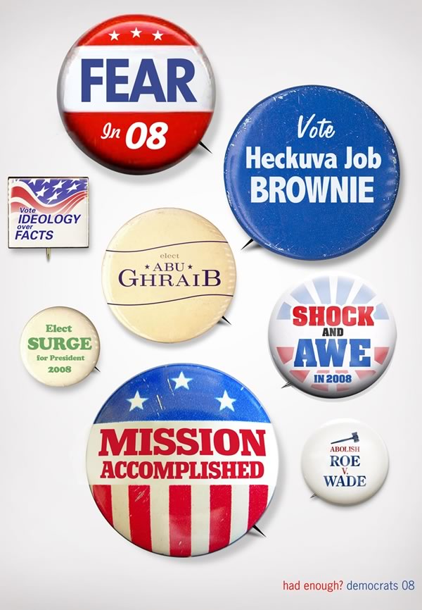 “Had enough? Vote Democrat” poster featuring hypothetical Republican campaign buttons.