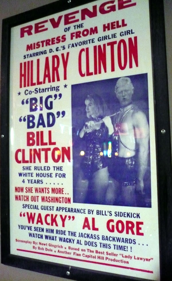 Old-style “Hillary Clinton” poster hanging in the waiting area of Gabby’s pub