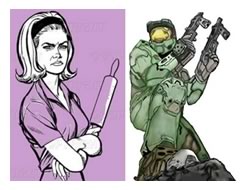 Angry woman holding a rolling pin beside “Master Chief” from “Halo 3”.