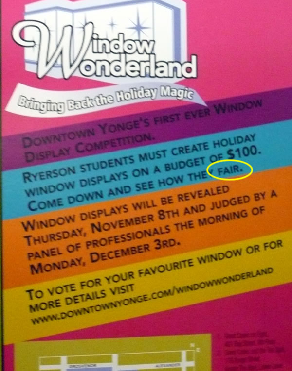 “Window Wonderland” poster with the line “Ryerson students must create holiday window displays on a budget of $100. Come down and see how they fair.”