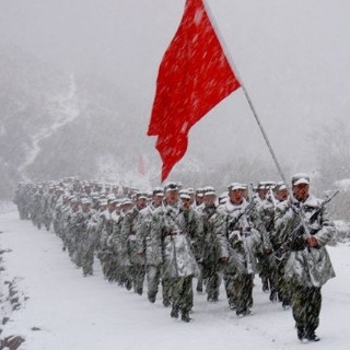 Chinese troops marching in the snow
