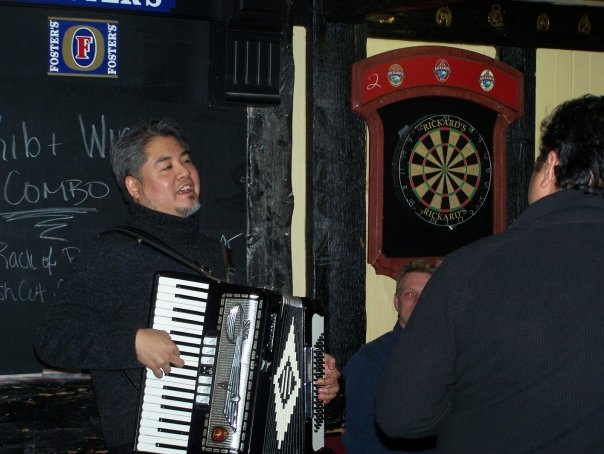 Joey deVilla playing accordion at Hector Catre’s birthday at the Rose and Crown, Yonge and Eglinton, Toronto.