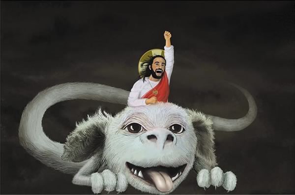 Jesus riding the luck dragon from “The Neverending Story”